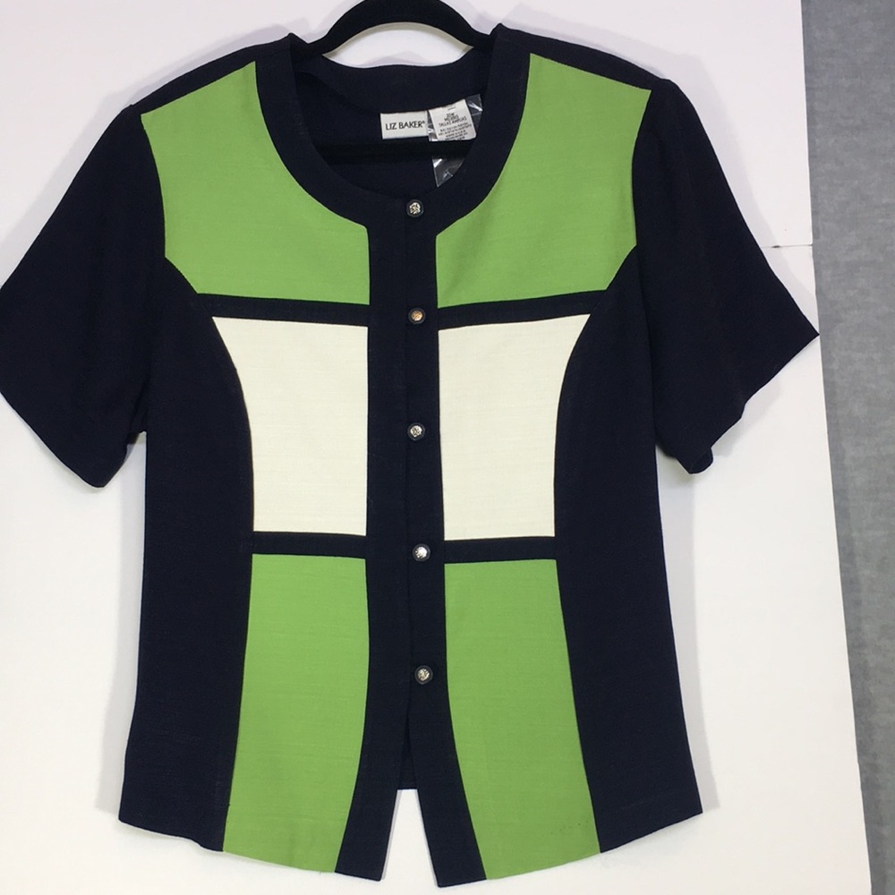 LIZ BAKER Career/Office Linen-Like Window Pane Design Short Sleeve Jacket